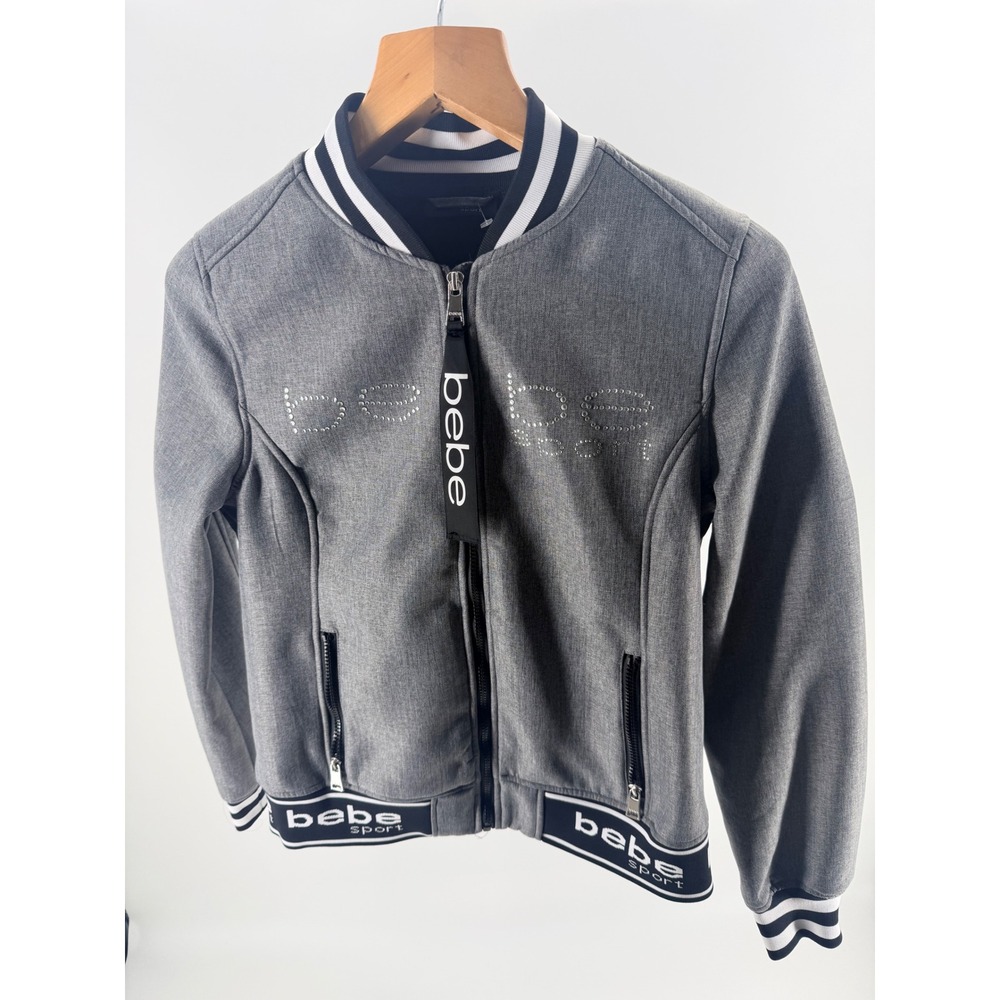 Bebe Sport Womens Gray Rhinestone Logo Full Zip Bomber Track Jacket- Size M